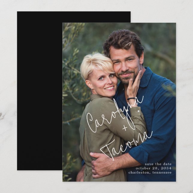 Reserva La Fecha Nombres de tipografía manuscritos Foto Guardar fec (Anverso / Reverso)