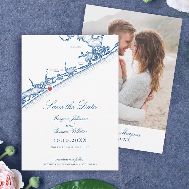 Reserva La Fecha North Topsail Beach Map Elegant Navy Blue Wedding (North Topsail Beach NC Save the Date for an Elegant Navy Blue NC Wedding by Coastal Map Designs)
