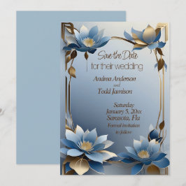 Reserva La Fecha Noveau Art Nouveau boda de flores azules y oro de