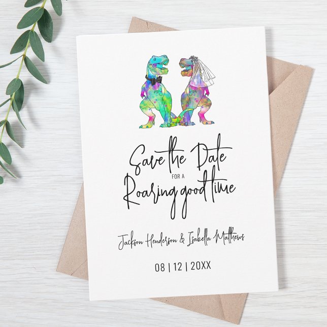 Reserva La Fecha Novia divertida de dinosaurios y Boda Groom (Funny dinosaur bride and groom wedding save the date invitation for a roaring good time quote)