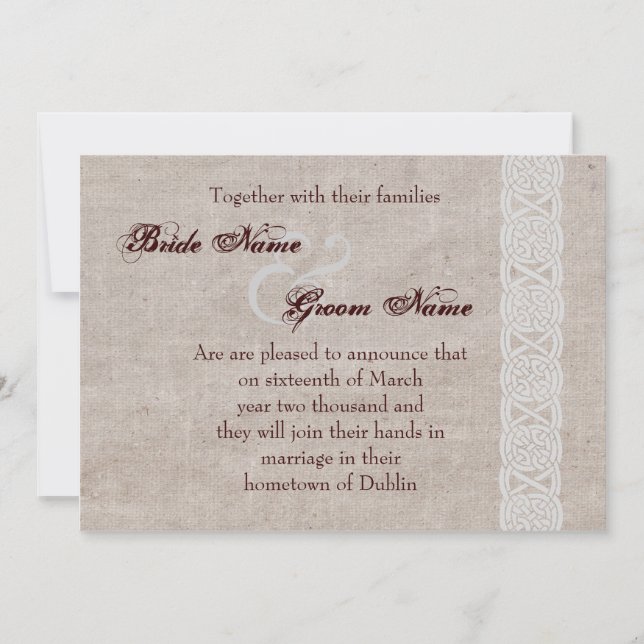 Reserva La Fecha Nudo celta en arpillera rústica irlandesa tradicio (Anverso)