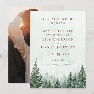 Reserva La Fecha Nuestra aventura Bosque Rústico de Pino Foto Boda