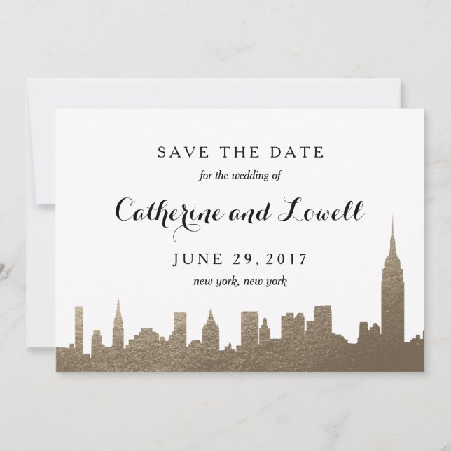 Reserva La Fecha Nueva York Skyline Faux Gold Save the Date (Anverso)