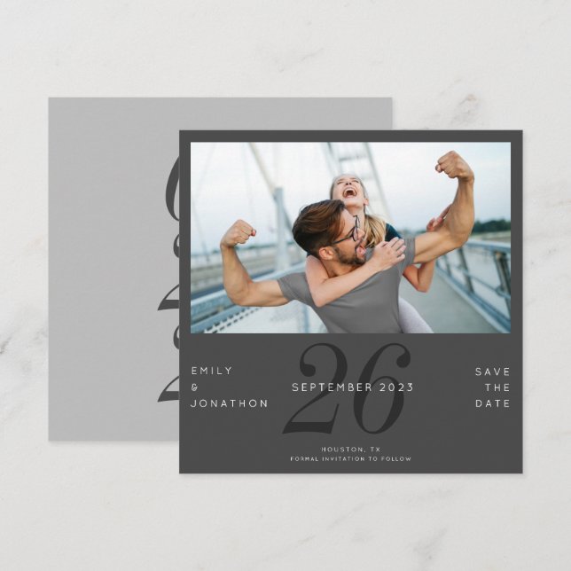 Reserva La Fecha Número moderno Fecha Foto Gris Oscuro Guardar La F (Anverso / Reverso)