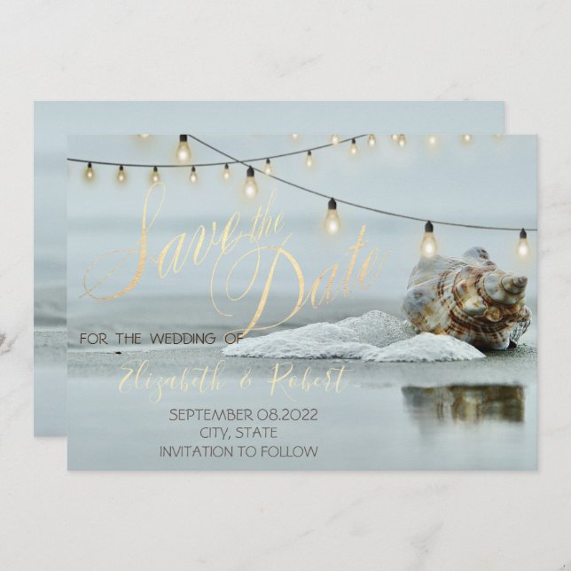 Reserva La Fecha Ocean Beach Seashell String Light Ahorra La Fecha (Anverso / Reverso)