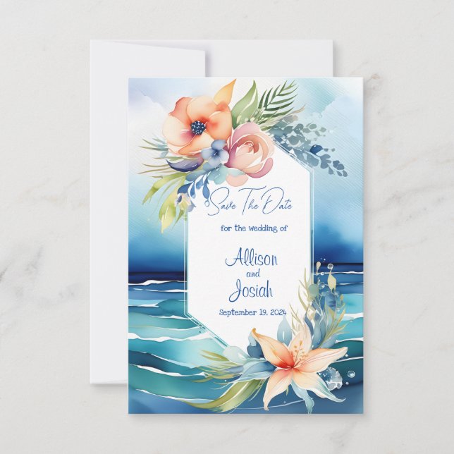 Reserva La Fecha Ocean Blue Blooms: Beach Wedding Save the Date (Anverso)