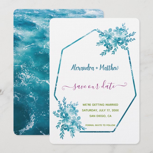 Reserva La Fecha Ocean Blue Floral salva la fecha (Anverso / Reverso)