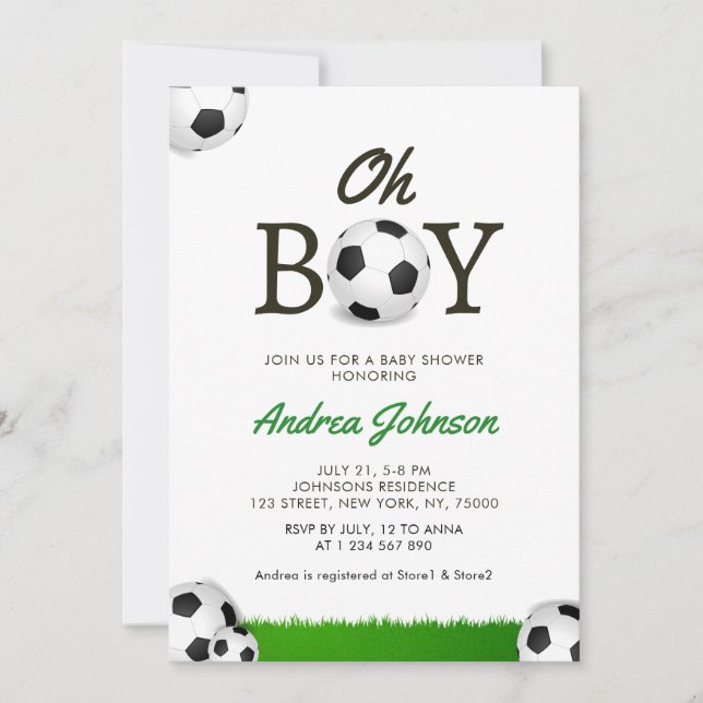 Reserva La Fecha Oh Boy Soccer Balls Grass Player Coach Baby Shower (Anverso)