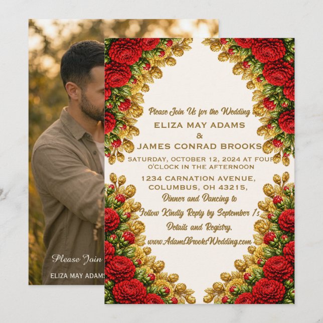 Reserva La Fecha Ohio Red Carnation Vertical Photo Wedding Invitati (Anverso / Reverso)