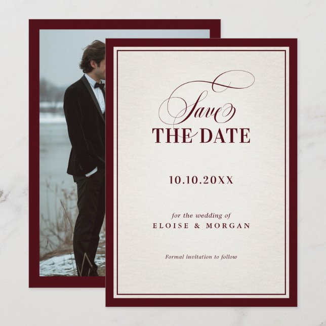 Reserva La Fecha Old Money Modern Formal Burgundy Luxury Wedding (Anverso / Reverso)