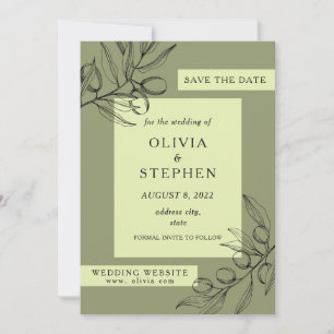 Reserva La Fecha Oliva verde. Foliage. Boda botánico elegante