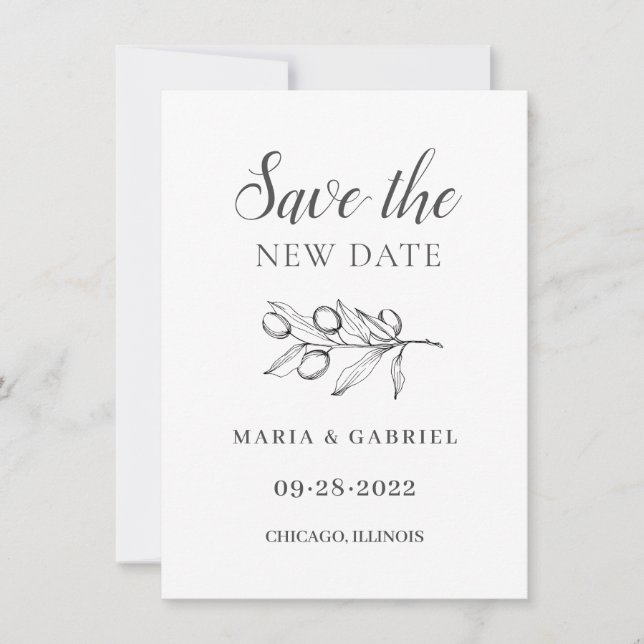 Reserva La Fecha Olive elegante.Cambio de Boda blanco negro (Anverso)