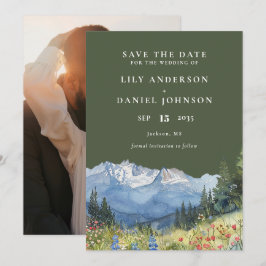 Reserva La Fecha Olive Green Watercolor Mountain Photo Wedding