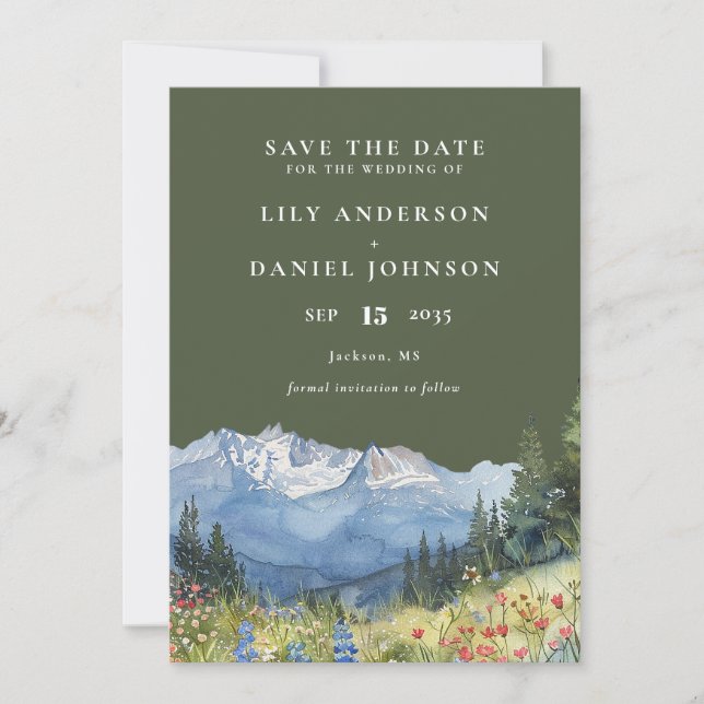 Reserva La Fecha Olive Green Watercolor Mountain Wildflower Wedding (Anverso)