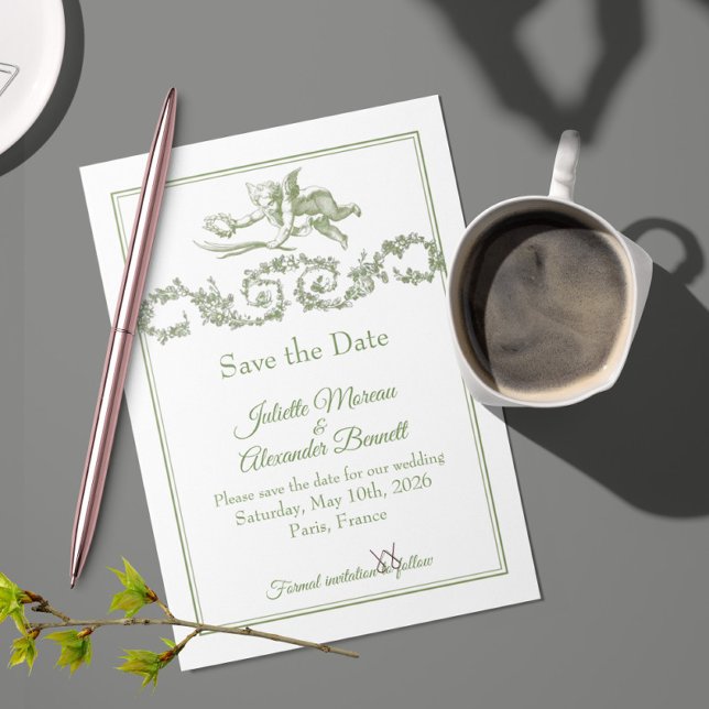 Reserva La Fecha Olive Sage Toile de Jouy Cherub Save the Date Card (Subido por el creador)