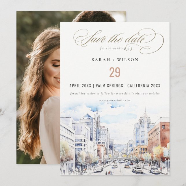 Reserva La Fecha Omaha Nebraska Watercolor Landscape Wedding Photo (Anverso / Reverso)