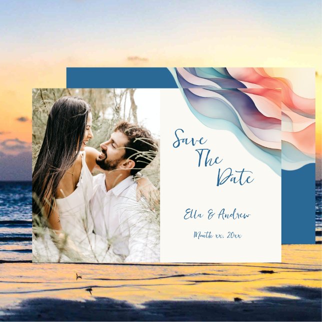 Reserva La Fecha Onda de color abstracto moderno, Foto (Modern Abstract Color Wave Photo Wedding Save The Date Card)
