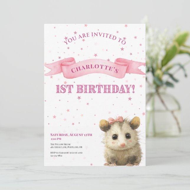 Reserva La Fecha Opossum Birthday Invitation • 1st Birthday (Anverso de pie)
