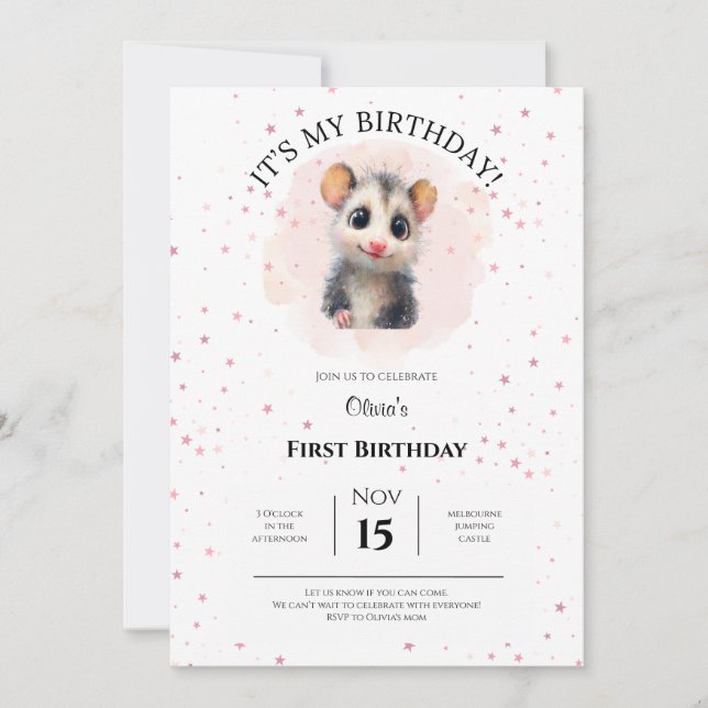 Reserva La Fecha Opossum Birthday Invitation • Cute Woodland Party (Anverso)