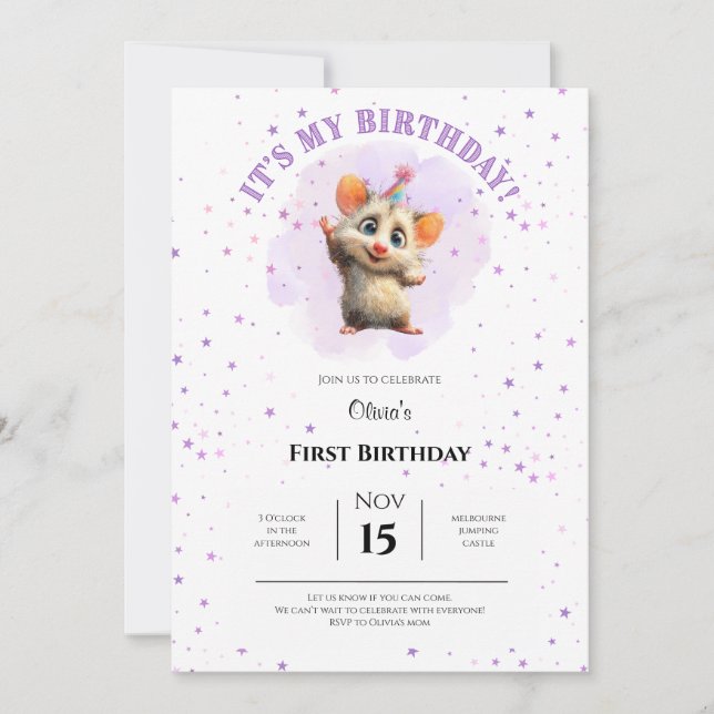 Reserva La Fecha Opossum Birthday Invitation • Cute Woodland Party (Anverso)