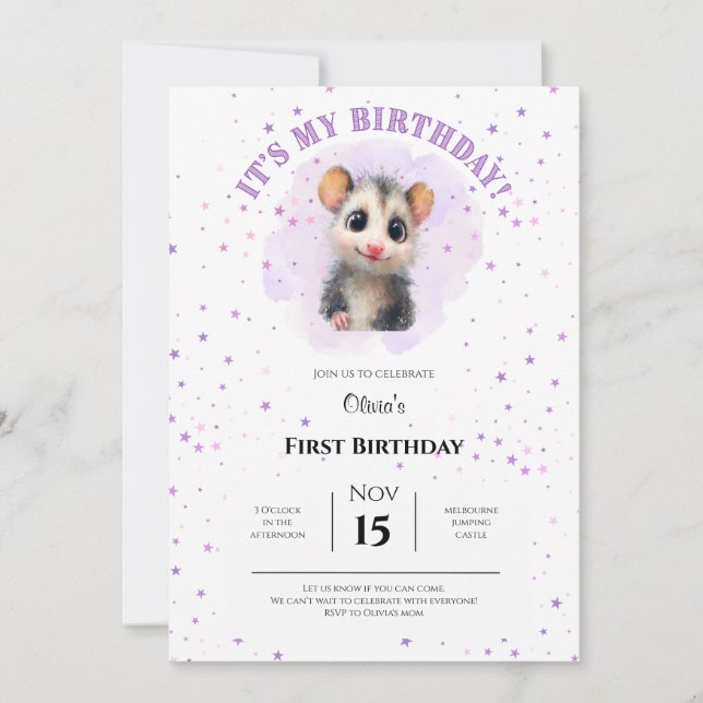 Reserva La Fecha Opossum Birthday Invitation • Cute Woodland Party (Anverso)