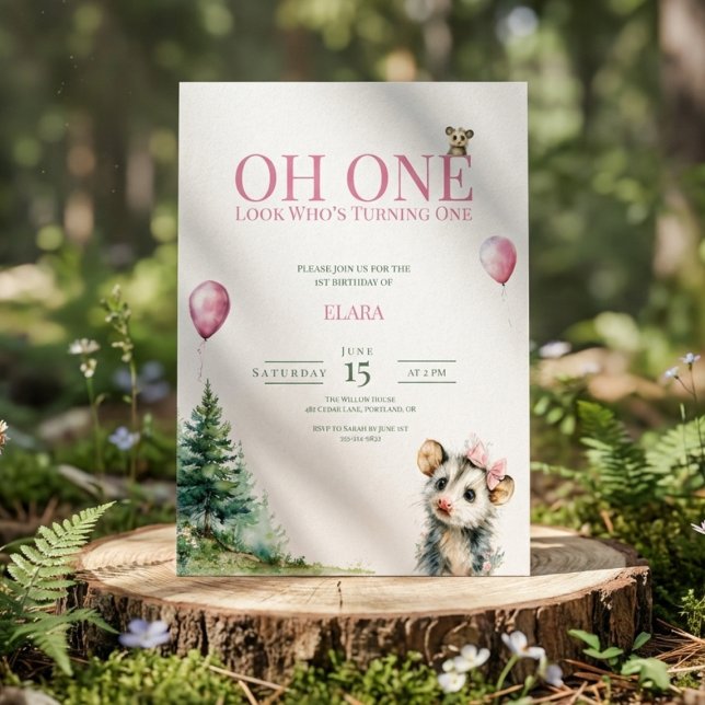 Reserva La Fecha Opossum Birthday Invitation • Oh One 1st Birthday (Watercolor birthday invitation with opossum and pine trees)