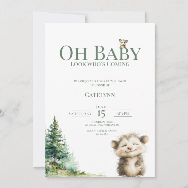 Reserva La Fecha Opossum Woodland Baby Shower Invitation (Anverso)