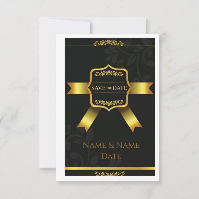 Reserva La Fecha Opulent Black Damask Wedding Save the Date (Anverso)