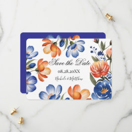 Reserva La Fecha Orange and Cobalt Blue Floral Wedding