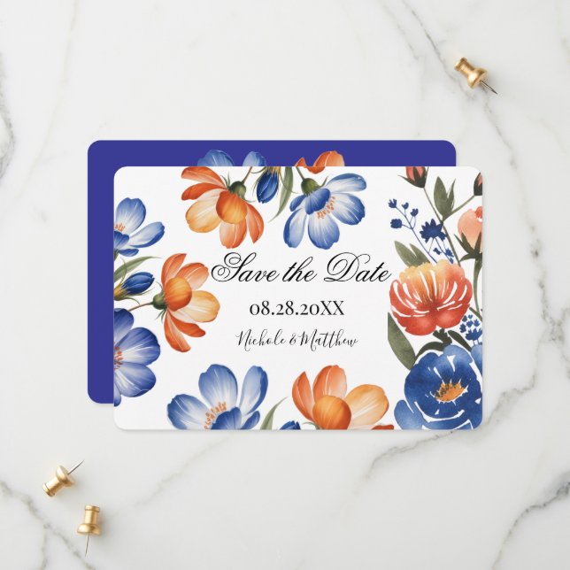 Reserva La Fecha Orange and Cobalt Blue Floral Wedding (Anverso/Reverso In Situ)