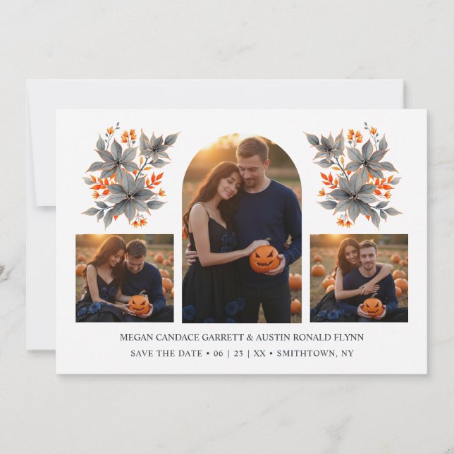 Reserva La Fecha Orange Climbing Arch Grey Bouquets 3-Photo Collage (Anverso)