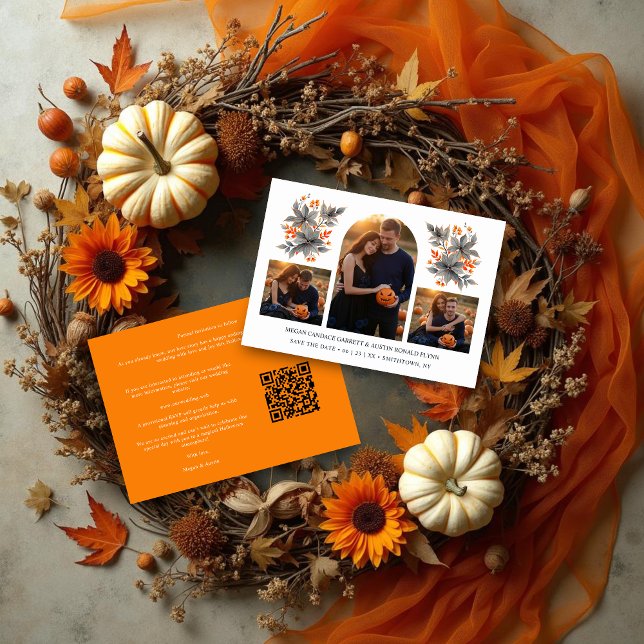 Reserva La Fecha Orange Climbing Arch Grey Bouquets 3-Photo Collage (Climbing Arch Grey Orange Bouquets 3-Photo Collage Wedding Save the Date Cards with QR Code.)