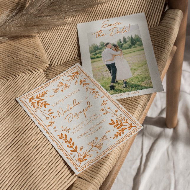 Reserva La Fecha Orange Drawn Floral Garden Photo Save The Date (Subido por el creador)