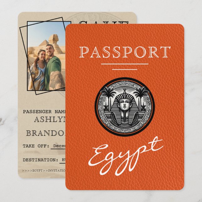 Reserva La Fecha Orange Egypt Passport Wedding Save the Date (Anverso / Reverso)