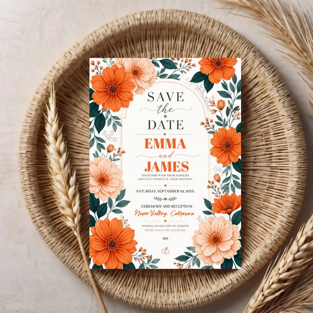 Reserva La Fecha Orange Floral  Wedding Invitation (Subido por el creador)
