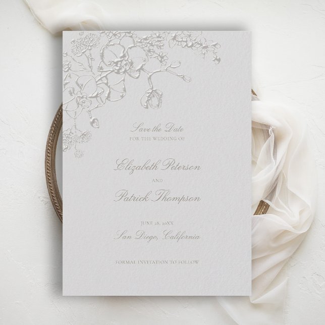 Reserva La Fecha Orchids Reverie Ivory Formal Traditional Wedding (orchid wedding save the date art sketch romantic modern classic formal elegant ivory)