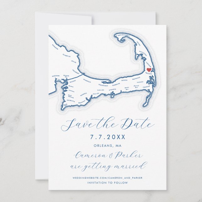 Reserva La Fecha Orleans MAMÁES Cape Cod Map Boda azul de la Marina (Anverso)