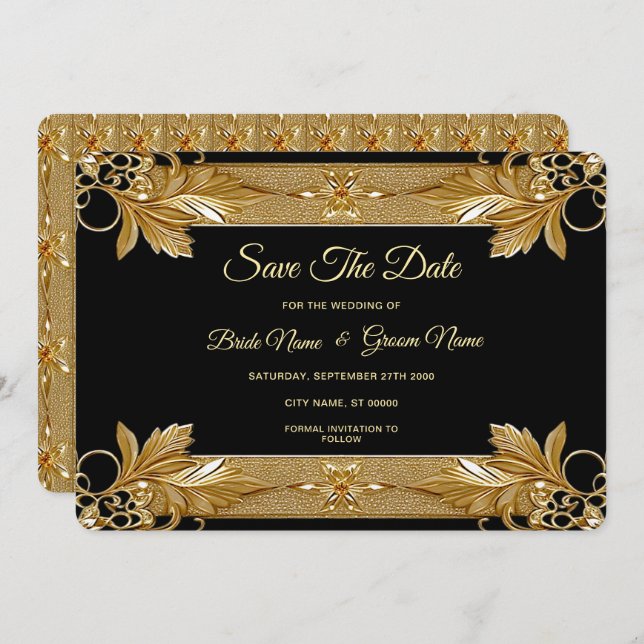 Reserva La Fecha Ornate Negro Oro Floral Salvar La Fecha (Anverso / Reverso)