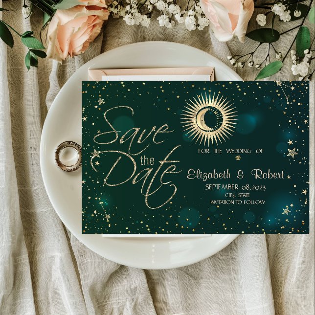 Reserva La Fecha Oro Celestial Sol Y Luna Estrellas Verde (Subido por el creador)