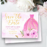 Reserva La Fecha Oro floral y vestido de princesa rosa<br><div class="desc">Bonito floral salva la fecha - perfecto para una quinceañera o dulce celebración 16. El diseño incluye un vestido de princesa rosa y dorada, bonitas rosas rosas rosas y flores en un lavabo acuarela de estilo galaxia. Guardar la fecha se graba en un guión elegante y la plantilla está lista...</div>