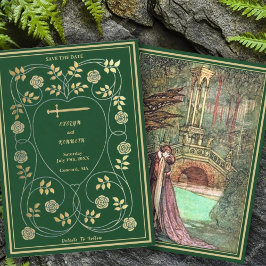 Reserva La Fecha Oro medieval Floral Corazones y Boda de espadas