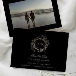 Reserva La Fecha Oro negro sobre Boda de monograma botánico embrion