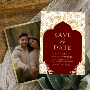 Reserva La Fecha Oro Rojo Paisley Floral Boda India Foto