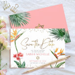 Reserva La Fecha Oro rosa Tropical Bat Mitzvah Palm Floral Moderno<br><div class="desc">¡Asegúrate de que todos tus amigos y parientes puedan celebrar el hito de tu hija Bat Mitzvah! Enviar esta moda, tarjeta de invitación personalizada "Save the Date". Unas aves acuáticas tropicales impresionantes, coloridas, con flores del paraíso, un guión falso manuscrito dorado, puntos Star of David y purpurinas, junto con sans...</div>