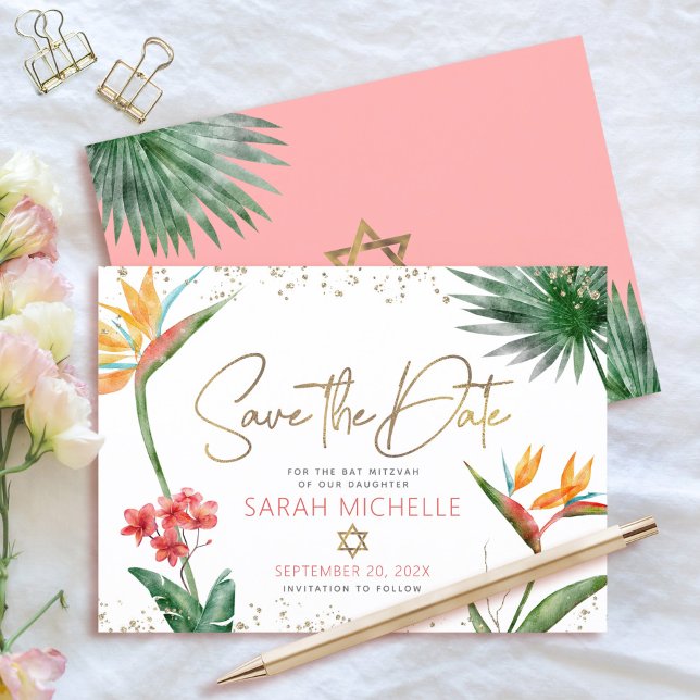 Reserva La Fecha Oro rosa Tropical Bat Mitzvah Palm Floral Moderno (Subido por el creador)