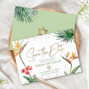 Reserva La Fecha Oro Verde Tropical Murciélago B'nai Mitzvah Floral
