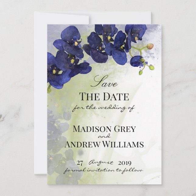 Reserva La Fecha Orquídea Azul Oscuro Aquarela Save the Date (Anverso)