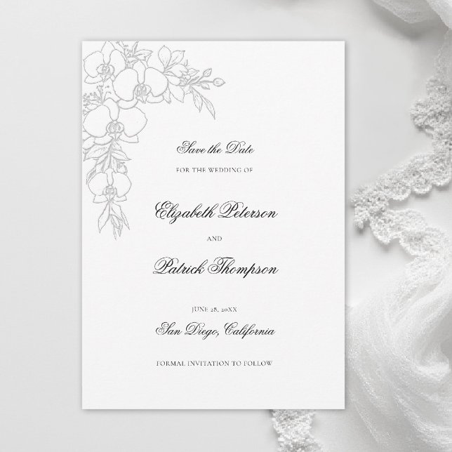 Reserva La Fecha Orquídea Elevada Blanca Formal Tradicional Boda (orchid wedding save the date formal modern classic traditional black tie parents hosted white)