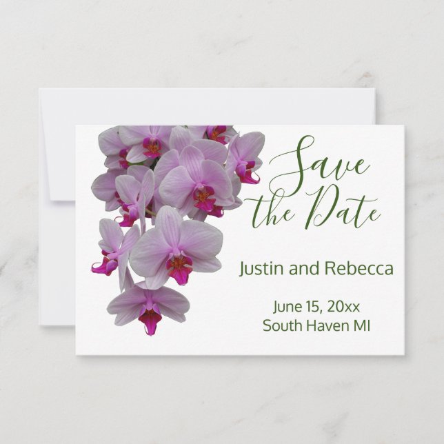 Reserva La Fecha Orquídeas rosas modernas románticas, foto de orquí (Anverso)