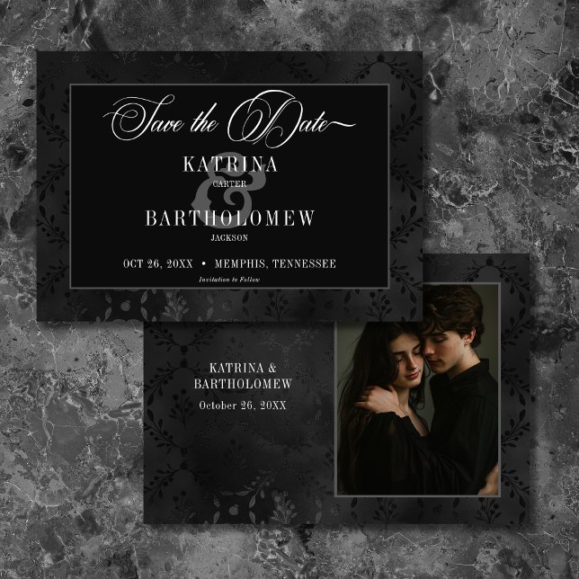 Reserva La Fecha Oscuro Gótico Floral Satin Damask Foto (Dark Gothic Black Floral Satin Damask Photo Save The Date)